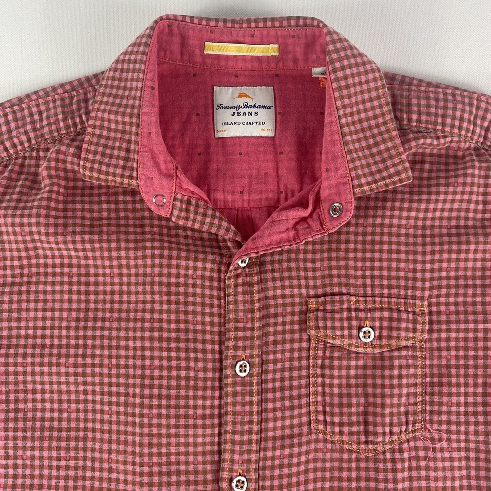 Tommy Bahama Button Down Up Shirt Adult Medium Check Cotton Short Sleeve Mens